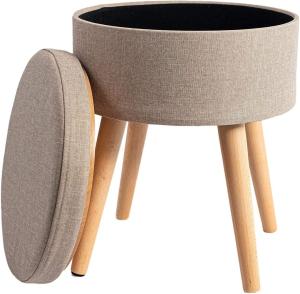 Theo&Cleo Hocker mit Stauraum,Sitzhocker Holzbeine,Runder Hoher Schemel,Aufbewahrung Schlafzimmer mit Deckel,Schminktisch Stuhl,Fußhocker für Wohnzimmer,Soft Sitzkissen aus Linen,36cm*36cm*45cm Beige