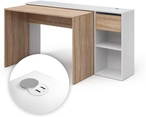 Vicco Schreibtisch 'Ben' Weiß/Sonoma ausziehbar, USB-Ladestation