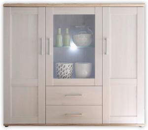 ROMANCE Highboard in Sibiu Lärche / Eiche San Remo Optik - Landhausstil Wohnzimmerschrank mit viel Stauraum und LED-Beleuchtung - 156 x 137 x 46 cm (B/H/T)