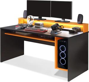 Möbel-Eins TEZO II Gaming Schreibtisch, Material Dekorspanplatte, schwarz/orange inkl. LED-Beleuchtung bunt