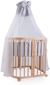 Waldin® Babybett aus Holz 7in1 mit Matratze, mitwachsendes Kinder-Bett, belüftet, Boden 5-fach verstellbar, All-Inclusive-Set Holz natur, Stoffe grau