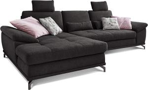 Cavadore L-Form-Sofa Castiel mit Federkern / Große Eckcouch mit Sitztiefenverstellung, Kopfstützen und XL-Longchair / 312 x 114 x 173 / Webstoff, Schwarz
