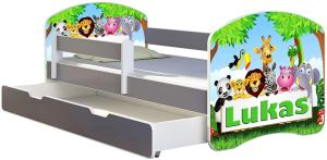 ACMA Kinderbett Jugendbett mit Einer Schublade und Matratze Grau mit Rausfallschutz Lattenrost II (01 Zoo name, 180x80 + Bettkasten)
