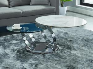 Couchtisch mit drehbaren Tischplatten JOLINE - Keramik & Glas - Weiß mit Marmor-Effekt