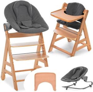Hauck Alpha Plus Move Newborn Set - Baby Holz Hochstuhl ab Geburt mit Liegefunktion - Premium Aufsatz für Neugeborene, Tablett & Sitzpolster - mitwachsend - Jersey Charcoal