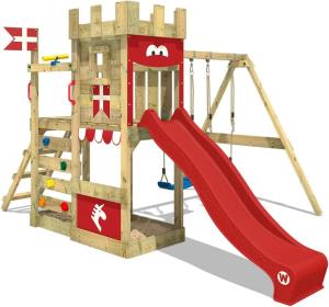 WICKEY 'Spielturm Ritterburg RoyalFlyer', mit Schaukel & roter Rutsche, Spielhaus mit Sandkasten, Kletterleiter & Spiel-Zubehör