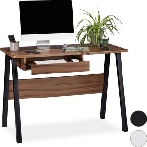 Relaxdays Schreibtisch mit Tastaturauszug, platzsparend & kompakt, natur/ schwarz, 77,5 x 110 x 58 cm