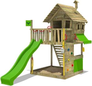 FATMOOSE Spielturm Klettergerüst GroovyGarden mit apfelgrüner Rutsche, Spielhaus mit Sandkasten, Leiter & Spiel-Zubehör