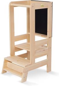 MeowBaby 'Kitchen Helper' Lernturm mit Tafel, Tritt 3-fach höhenverstellbar, Kiefer natur, Massivholz