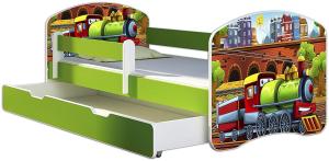 ACMA Kinderbett Jugendbett mit Einer Schublade und Matratze Grün mit Rausfallschutz Lattenrost II 140x70 160x80 180x80 (44 Lokomotive, 180x80 + Bettkasten)