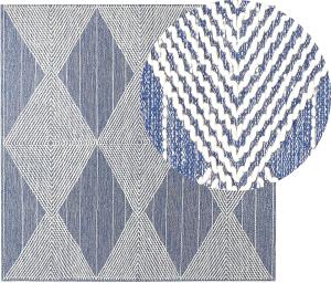 Teppich Wolle beige blau 200 x 200 cm geometrisches Muster Kurzflor DATCA