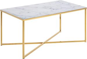 AC Design Furniture Antje Rechteckiger Couchtisch aus Glas mit Marmoroptik in Weiß und Gekreuztem Verchromten Sockel in Goldfarbe, B: 90 x H: 45 x T: 50 cm, Wohnzimmertisch Weiß und Gold