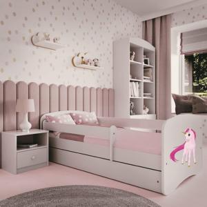 Kinderbett 180x80 mit Matratze, Rausfallschutz, Lattenrost & Schublade in weiß 80 x 180 Mädchen Bett rosa Einhorn