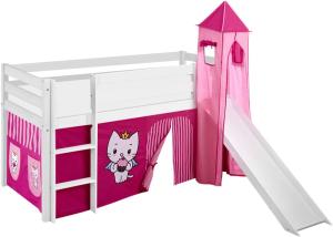 Lilokids 'Jelle' Spielbett 90 x 200 cm, Angel Cat Sugar, Kiefer massiv, mit Turm, Rutsche und Vorhang