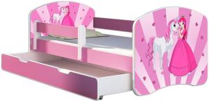 Kinderbett Jugendbett mit einer Schublade und Matratze Rausfallschutz Rosa 70 x 140 80 x 160 80 x 180 ACMA II (08 Princess, 70 x 140 cm + Bettkasten)