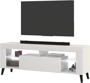Selsey HugoB – TV-Lowboard, modernes TV-Sideboard mit Füßen und Glaseinlegeböden, 140 cm (Weiß Matt / Weiß Glanz, mit LED)