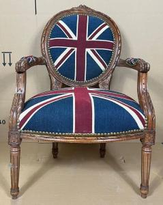 Casa Padrino Barock Medaillon Salon Stuhl UK England Flagge / Braun - Handgefertigter Antik Stil Stuhl mit Armlehnen - Antik Stil Möbel - Barock Möbel