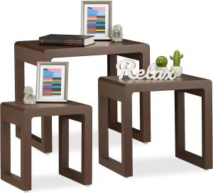 Relaxdays Satztisch 3er Set, Beistelltische ineinander stapelbar, matt lackierter Holztisch in elegantem Design, braun