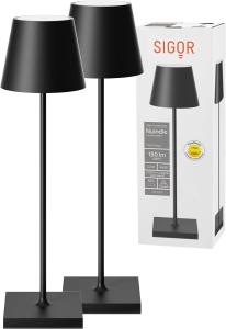 SIGOR 2 Stück Nuindie - Dimmbare LED Akku-Tischlampe Indoor & Outdoor, IP54 spritzwassergeschützt, Höhe 38 cm, aufladbar mit easy-connect, 12 h Leuchtdauer, nachtschwarz