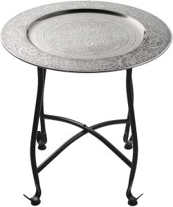 Marokkanischer Tisch Beistelltisch aus Metall Sule ø 40cm rund | Orientalischer runder Teetisch klein mit klappbaren Gestell in Schwarz | Das Tablett Diese Klapptische ist orientalisch in Silber