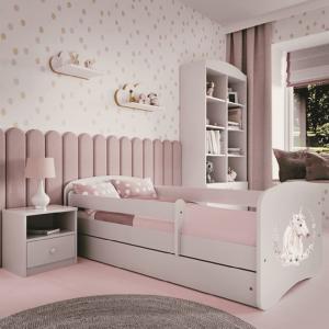 Kinderbett 180x80 mit Matratze, Rausfallschutz, Lattenrost & Schublade in weiß 80 x 180 Mädchen Bett rosa Pferd