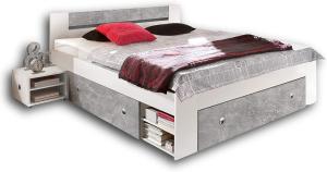 STEFAN Moderne Doppelbett Bettanlage 180 x 200 cm mit 2x Nachtkommoden - Schlafzimmer Komplett-Set in Beton-Optik, Weiß - 185 x 86 x 204 cm (B/H/T)
