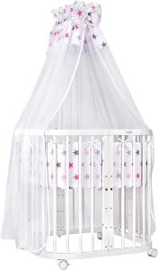 Waldin® Babybett aus Holz 7in1 mit Matratze, mitwachsendes Kinder-Bett, belüftet, Boden 5-fach verstellbar, All-Inclusive-Set Holz weiß, Stoffe Sterne pink