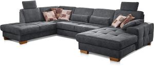 CAVADORE Wohnlandschaft Puccino mit Federkern, verstellbarer Rückenlehne und 2 Kopfstützen / Sofalandschaft in U-Form im Landhaus-Design / 340 x 86 x 224 cm / Mikrofaser grau