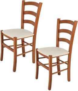 Tommychairs - 2er Set Stühle Venice für Küche und Esszimmer, Struktur aus lackiertem Buchenholz im Farbton Kirschholz und gepolsterte gepolsterte Sitzfläche mit Stoff in der Farbe Elfenbein bezogen