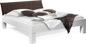Möbel-Eins LUKY 4-Fuß-Bett mit Polster-Kopfteil, Material Massivholz, Fichte massiv weiss 200 x 220 cm Stoff Braun