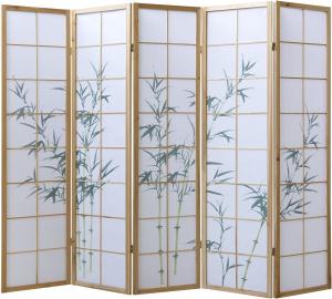 Homestyle4u Paravent 5-tlg., Bambusmuster grün, Holz klar / Reispapier weiß, 220 x 175 cm