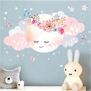 Little Deco Wandsticker Mond & Wolken XL - 100 x 51 cm weiß/rosa