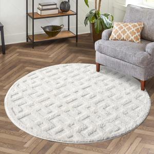 carpet city Teppich Hochflor Wohnzimmer - 160 cm Rund - Einfarbig Weiß/Creme - Geometrisches Hochtief-Muster/ 3D-Effekt - Shaggy Teppiche Schlafzimmer Boho, Scandi