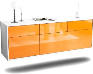 TV Schrank Lowboard hängend - Ludwigshafen - Korpus Weiss matt - Front Hochglanz Design Orange- (136x47x35cm) - Push to Open Technik & hochwertigen Leichtlaufschienen - Made in Germany