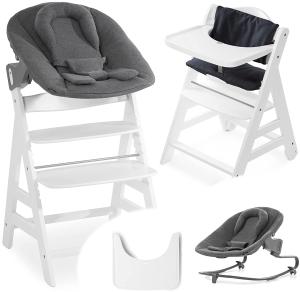 Hauck Beta Plus Newborn Set - Baby Holz Hochstuhl ab Geburt mit Liegefunktion - Premium Aufsatz für Neugeborene, Tablett & Sitzpolster - mitwachsend, verstellbar - Weiß Dunkelgrau