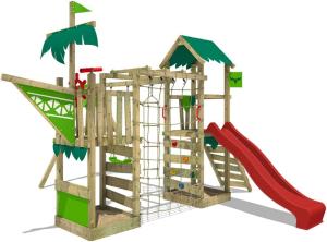 FATMOOSE Spielturm Klettergerüst WaterWorld mit Schaukel & roter Rutsche, Spielhaus mit Sandkasten, Leiter & Spiel-Zubehör