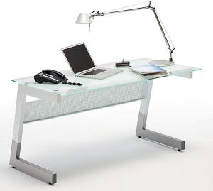 'Roby' Schreibtisch, Glas/ Metall weiß/ silber, 100 x 87 x 158 cm
