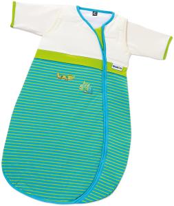Gesslein Bubou Design 125: Temperaturregulierender Ganzjahreschlafsack/Schlafsack für Babys/Kinder, Größe 90, grün gestreift mit einem Krokodil