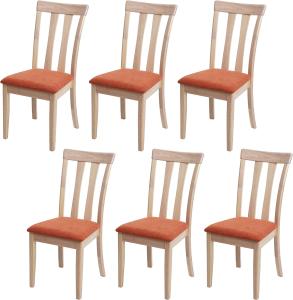 6er-Set Esszimmerstuhl HWC-G46, Küchenstuhl Stuhl, Stoff/Textil Massiv-Holz ~ naturfarbenes Gestell, orange