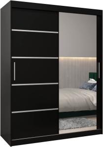 Kryspol Schwebetürenschrank Verona 2-150 cm mit Spiegel Kleiderschrank mit Kleiderstange und Einlegeboden Schlafzimmer- Wohnzimmerschrank Schiebetüren Modern Design (Schwarz)