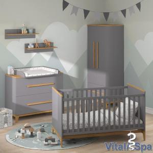 VitaliSpa Babymöbel Set Malia Weiß Eiche Wickelkommode Wandregal Kinderbett Kleiderschrank Kinderzimmermöbel Wickelauflage Aufbewahrung Lattenrost Rausfallschutz Kleiderstange