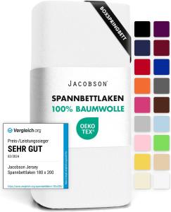 Jacobson Jersey Spannbettlaken Spannbetttuch Baumwolle Bettlaken (140x200-160x220 cm, Weiss)