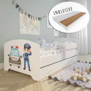 Kinderbett 140x70 cm mit Matratze und Schublade, Rausfallschutz & Lattenrost, Polizei Design, Bett für Jungen und Mädchen, Skandi Polizei
