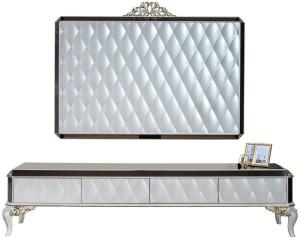Casa Padrino Luxus Barock TV Schrank Weiß / Gold / Schwarz 235 x 52 x H. 54 cm - Edles Massivholz Lowboard mit TV Wand - Wohnzimmerschrank - Wohnzimmer Möbel im Barockstil
