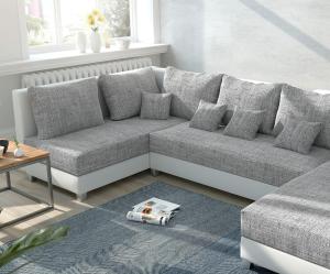 Couch Panama Hellgrau/ Weiß Ottomane links Longchair rechts Wohnlandschaft