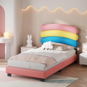 Merax Kinderbett Polsterbett 90*200cm mit Lattenrost, Regenbogenform PU-Leder Jungen- und Mädchenbett Rosa
