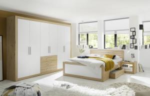 Schlafzimmer inkl. Kleiderschrank, Bett und 2 Nachtkommoden FERNANDO Artisan Eiche Nb. / Weiß