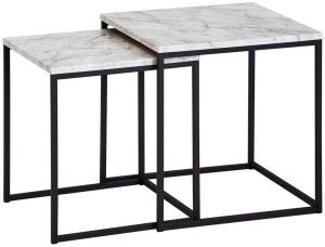 WERAN Design Beistelltisch 2er Set Marmor Optik Weiß Couchtisch 2 teilig Tischgestell Schwarz