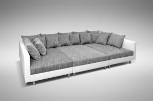 Wohnlandschaft Sofa Couch Ecksofa Eckcouch + Hocker weiß / hellgrau Minsk XXL