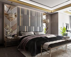 Casa Padrino Luxus Schlafzimmer Set Grau / Gold / Silber - 1 Doppelbett mit Kopfteil & 2 Nachtkommoden - Luxus Schlafzimmer Möbel - Hotel Möbel - Luxus Einrichtung - Hotel Einrichtung